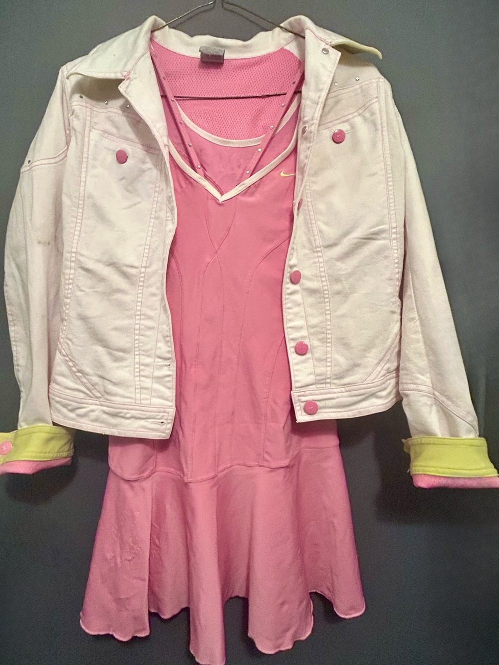 NIKE SERENA WILLIAMS RHINESTONE PINK WHITE TRIM TENNIS DRESS MATCHING JACKET MED